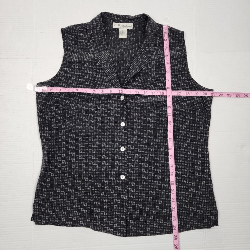 Grace Chemise Silk Blouse Black Grey Sleeveless Button-Up Top Size L - Picture 8 of 11